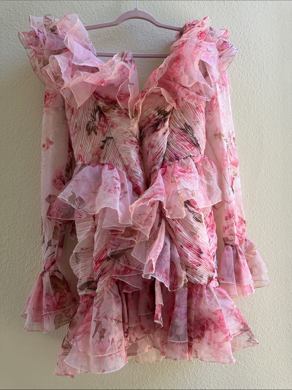 Romantic Pink Floral Ruffle Mini Dress
